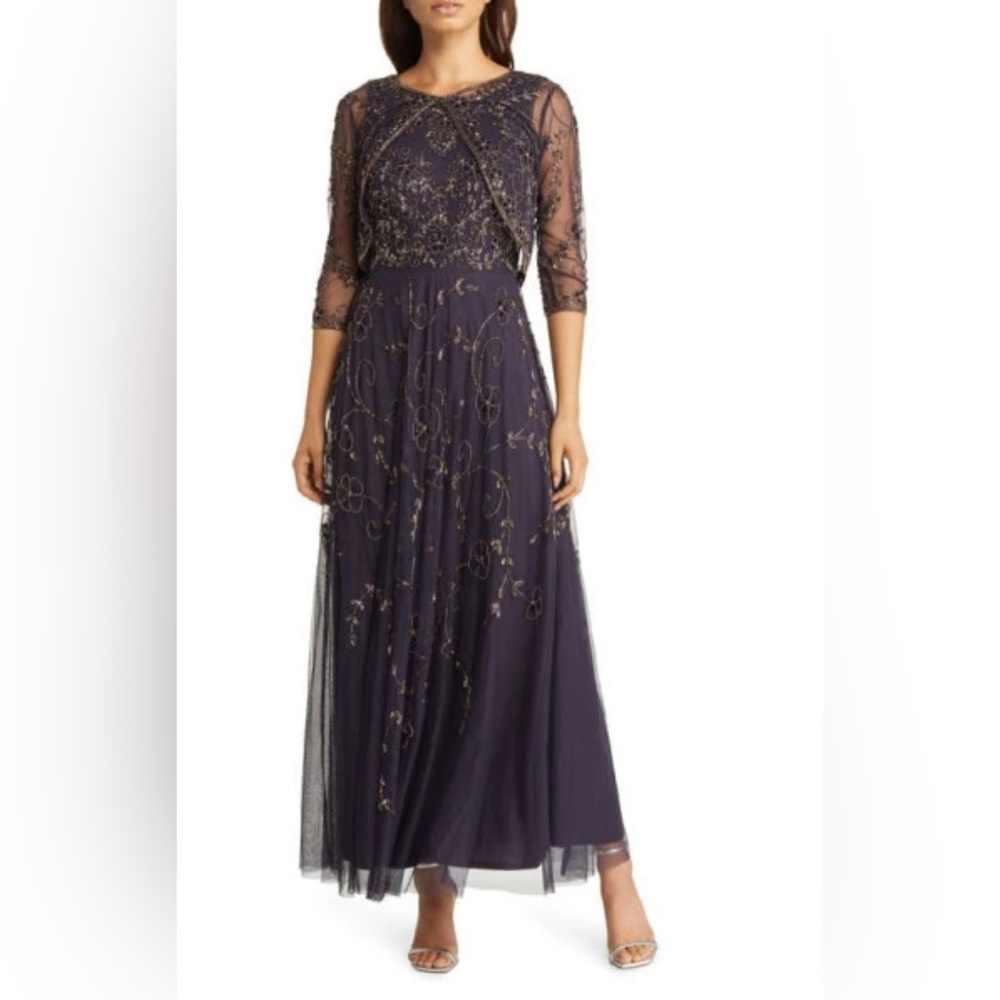 Beaded Mesh Gown with Jacket in Eggplant